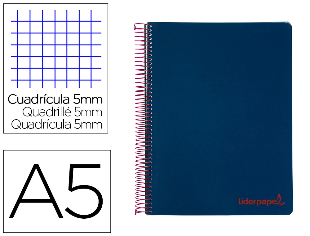 [9239] Cuaderno espiral liderpapel a5 micro wonder tapa plastico 120h 90gr cuadro 5mm 5 bandas 6 taladros color azul marino