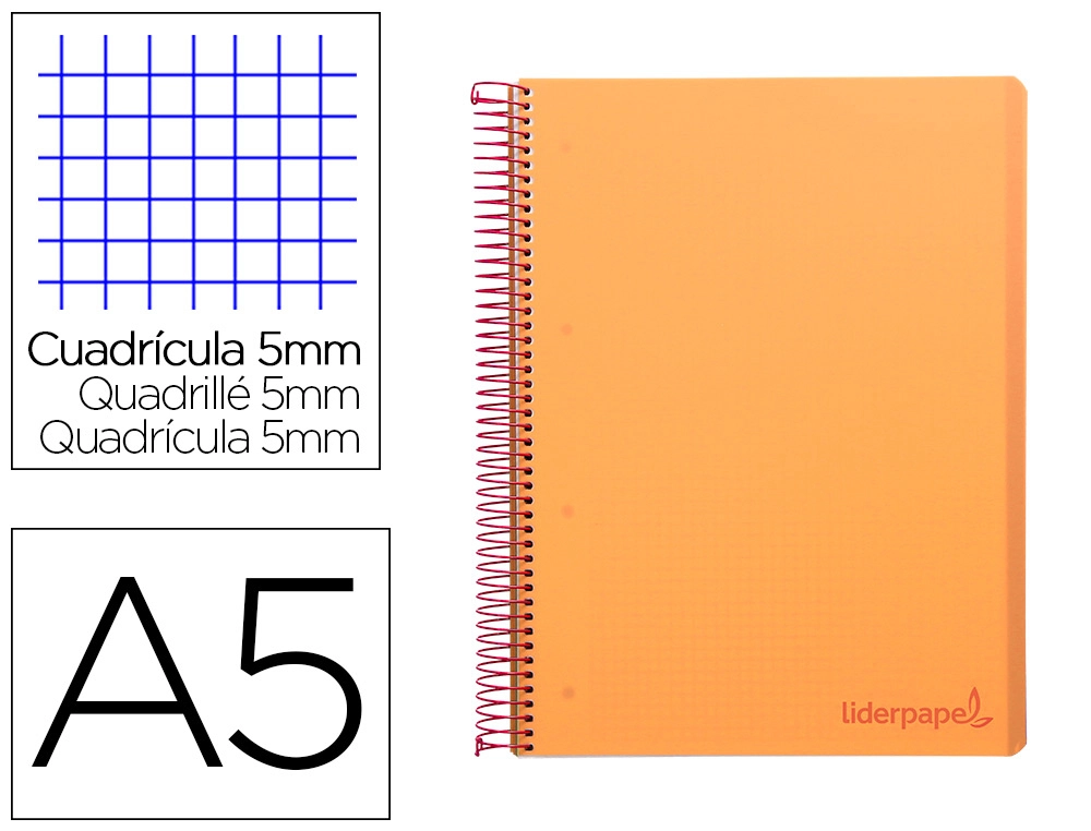 [9234] Cuaderno espiral liderpapel a5 micro wonder tapa plastico 120h 90gr cuadro 5mm 5 bandas 6 taladros color naranja