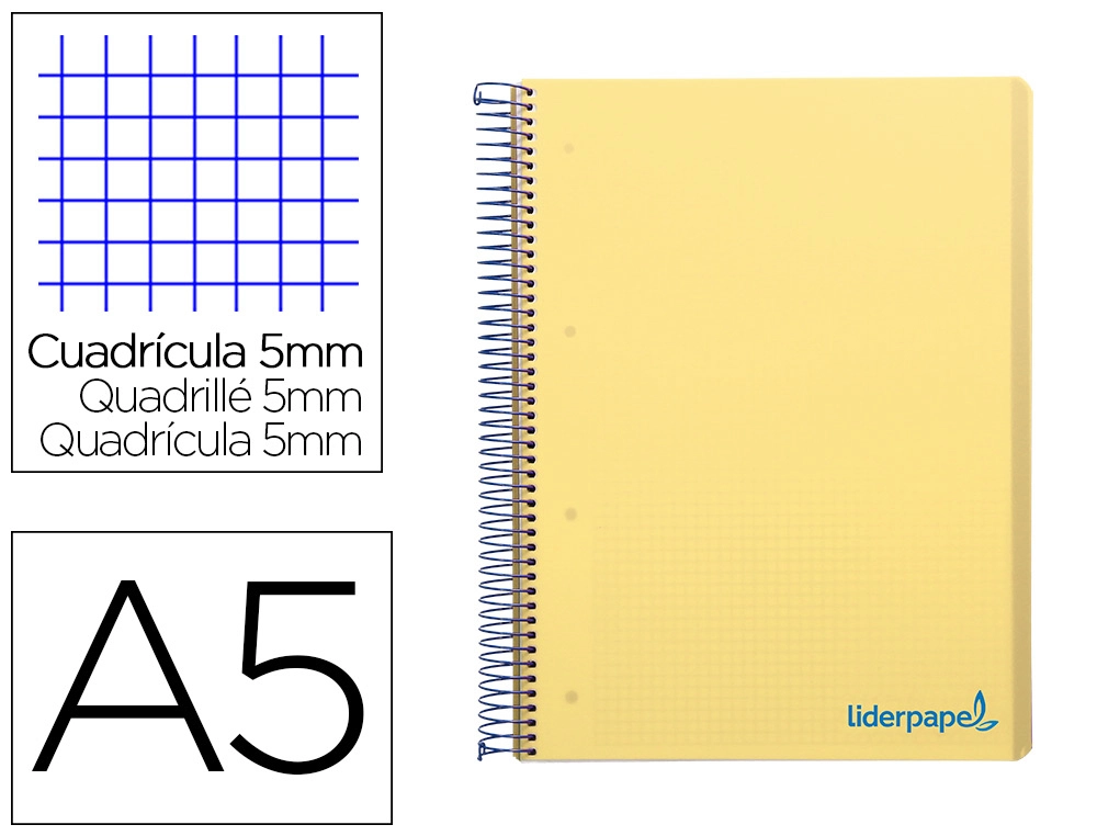 [9232] Cuaderno espiral liderpapel a5 micro wonder tapa plastico 120h 90gr cuadro 5mm 5 bandas 6 taladros color amarillo