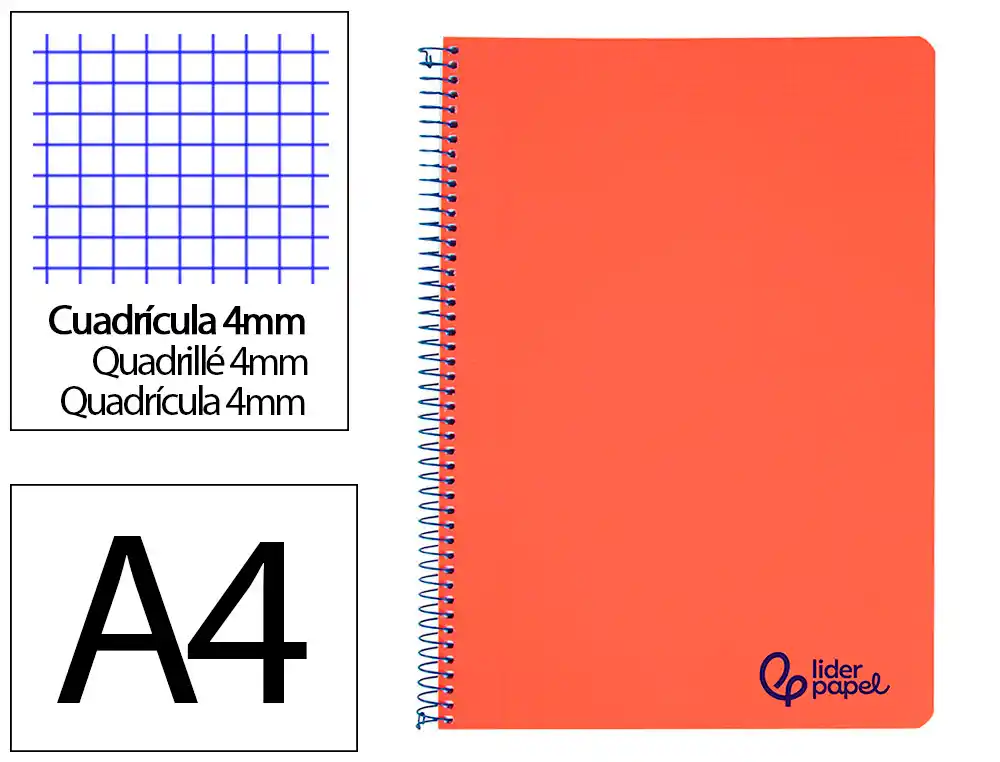 [9226] Cuaderno espiral liderpapel a4 wonder tapa plastico 80h 90gr cuadro 4mm con margen color rojo
