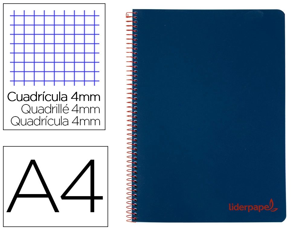 [9173] Cuaderno espiral liderpapel a4 wonder tapa plastico 80h 90gr cuadro 4mm con margen color azul marino