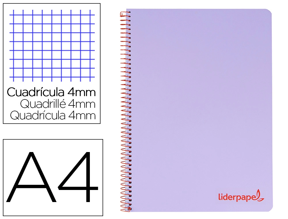 [9133] Cuaderno espiral liderpapel a4 wonder tapa plastico 80h 90gr cuadro 4mm con margen color violeta