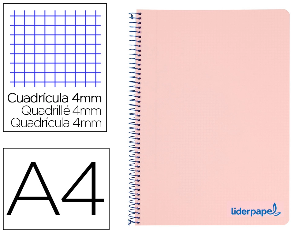[8970] Cuaderno espiral liderpapel a4 wonder tapa plastico 80h 90gr cuadro 4mm con margen color rosa