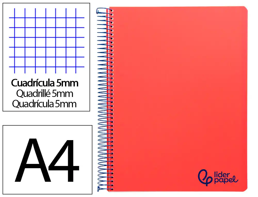 [8946] Cuaderno espiral liderpapel a4 micro wonder tapa plastico 120h 90gr cuadro 5mm 5 bandas 4 taladros color rojo