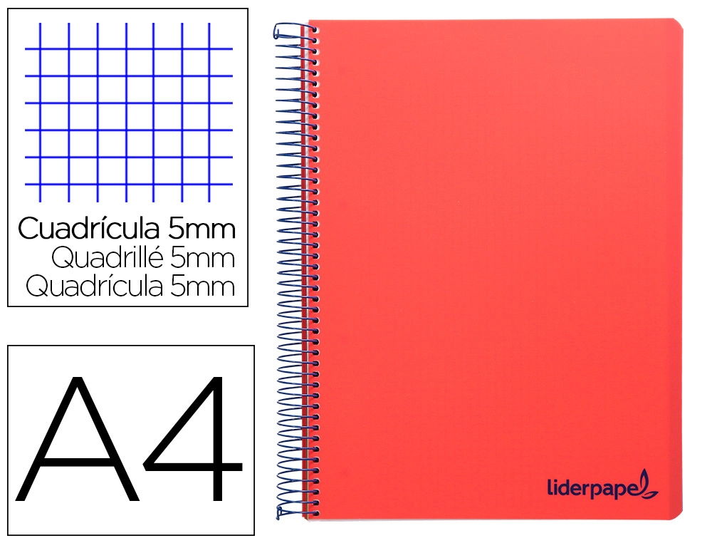 [8946] Cuaderno espiral liderpapel a4 micro wonder tapa plastico 120h 90gr cuadro 5mm 5 bandas 4 taladros color rojo