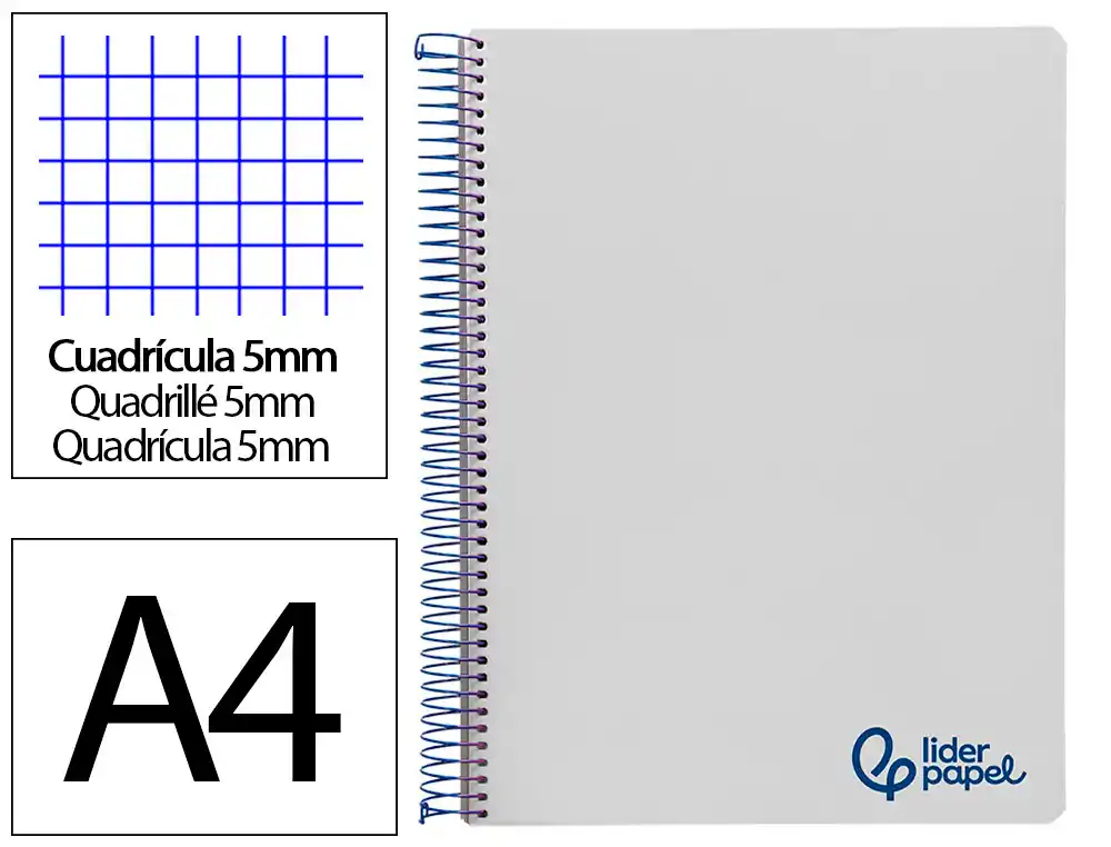 [8945] Cuaderno espiral liderpapel a4 micro wonder tapa plastico 120h 90gr cuadro 5mm 5 bandas 4 taladros color gris