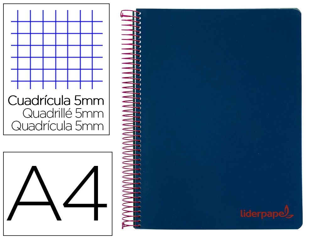 [8944] Cuaderno espiral liderpapel a4 micro wonder tapa plastico 120h 90gr cuadro 5mm 5 banda 4 taladros color azul marino