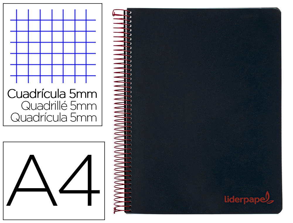 [8943] Cuaderno espiral liderpapel a4 micro wonder tapa plastico 120h 90 gr cuadro 5mm 5 bandas 4 taladros color negro