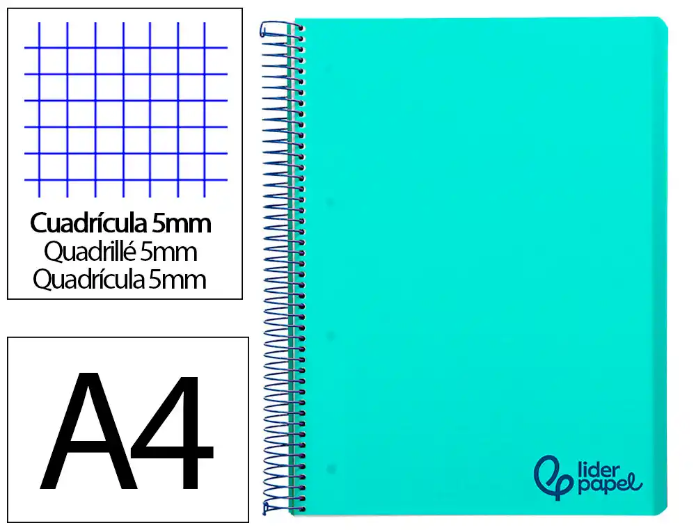 [8941] Cuaderno espiral liderpapel a4 micro wonder tapa plastico 120h 90gr cuadro 5mm 5 banda 4 taladro color verde turquesa