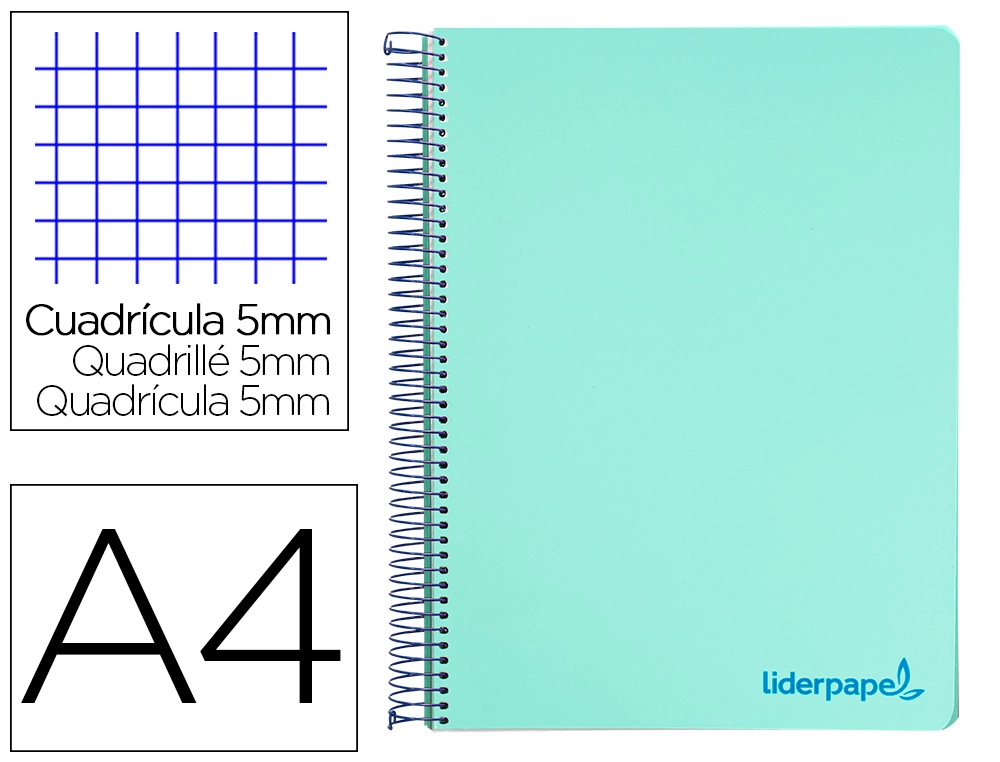 [8941] Cuaderno espiral liderpapel a4 micro wonder tapa plastico 120h 90gr cuadro 5mm 5 banda 4 taladro color verde turquesa
