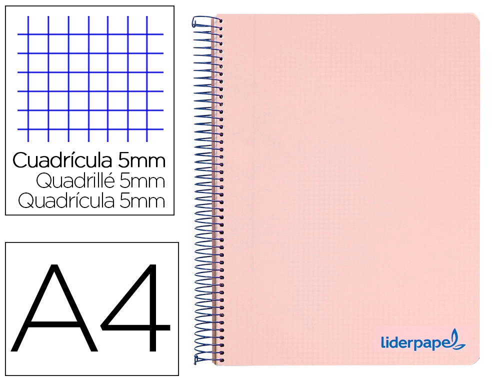 [8940] Cuaderno espiral liderpapel a4 micro wonder tapa plastico 120h 90gr cuadro 5mm 5 bandas 4 taladros color rosa
