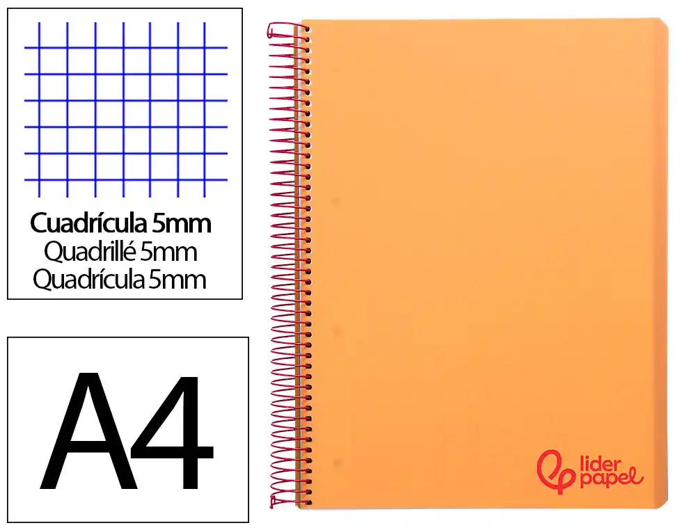[8939] Cuaderno espiral liderpapel a4 micro wonder tapa plastico 120h 90gr cuadro 5mm 5 banda 4 taladros color naranja