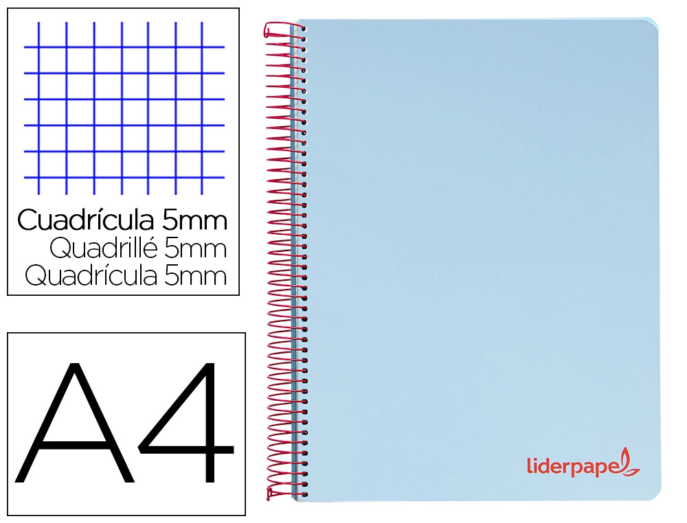 [8938] Cuaderno espiral liderpapel a4 micro wonder tapa plastico 120h 90gr cuadro 5mm 5 banda 4 taladros color celeste