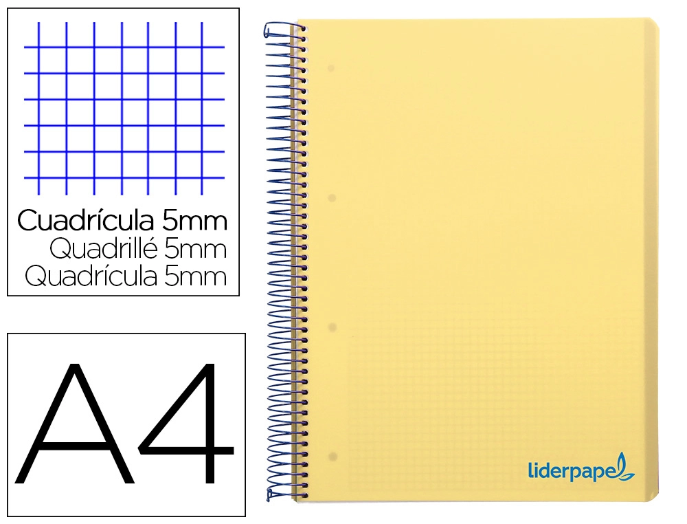 [8937] Cuaderno espiral liderpapel a4 micro wonder tapa plastico 120h 90gr cuadro 5mm 5 banda 4 taladros color amarillo