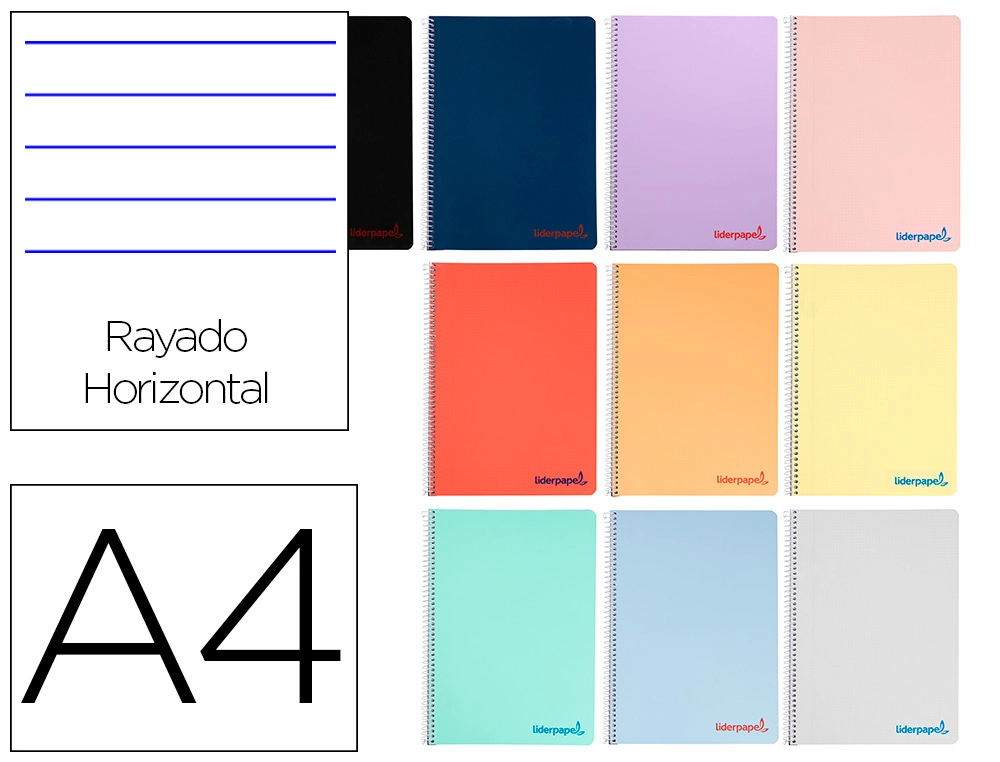 [8932] Cuaderno espiral liderpapel a4 wonder tapa plastico 80h 90gr rayado horizontal con margen colores surtidos