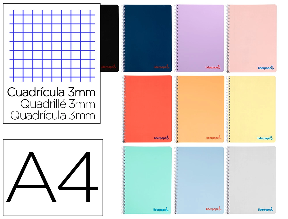 [8930] Cuaderno espiral liderpapel a4 wonder tapa plastico 80h 90gr cuadro 3mm con margen colores surtidos