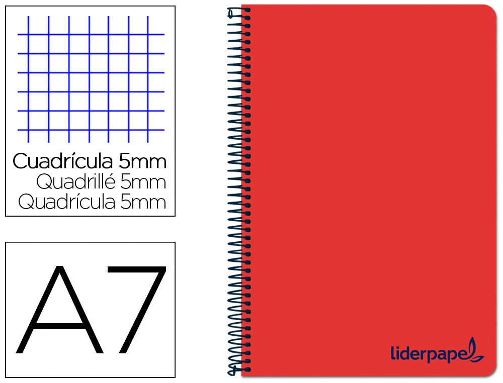 [8929] Cuaderno espiral liderpapel a7 micro wonder tapa plastico 100h 90gr cuadro 5mm 4 bandas color rojo