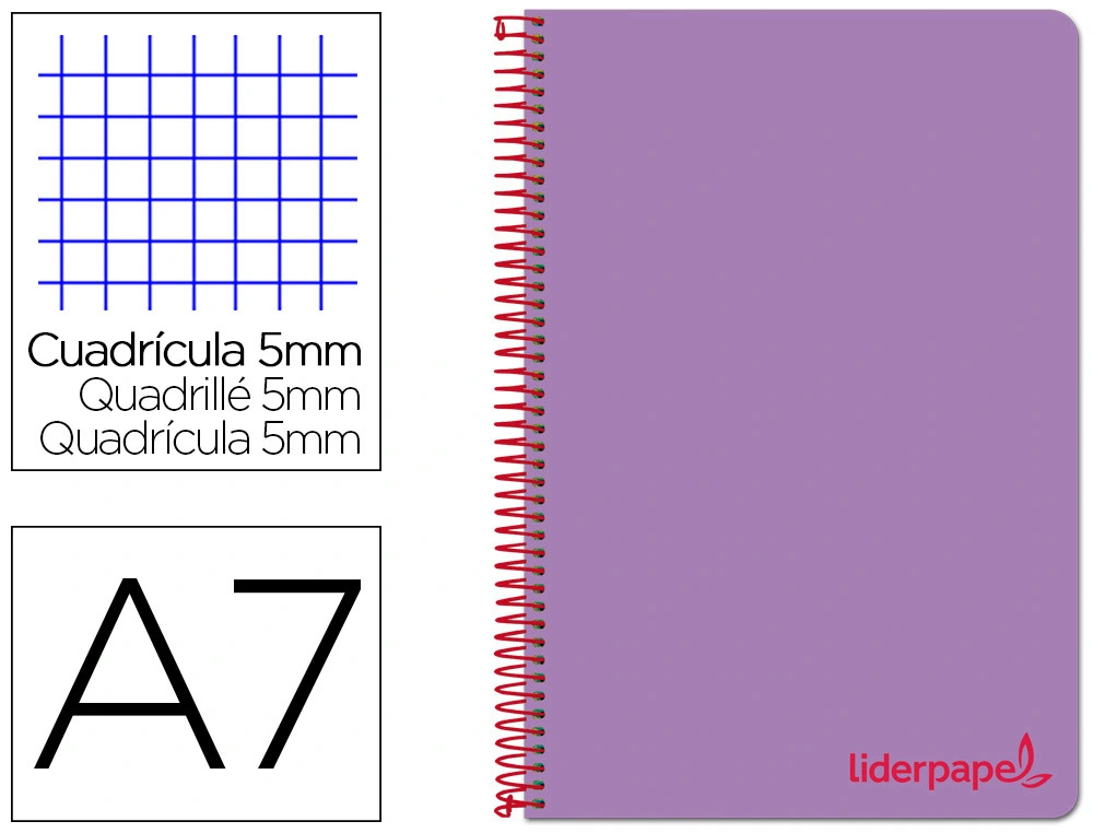 [8924] Cuaderno espiral liderpapel a7 micro wonder tapa plastico 100h 90gr cuadro 5mm 4 bandas color violeta