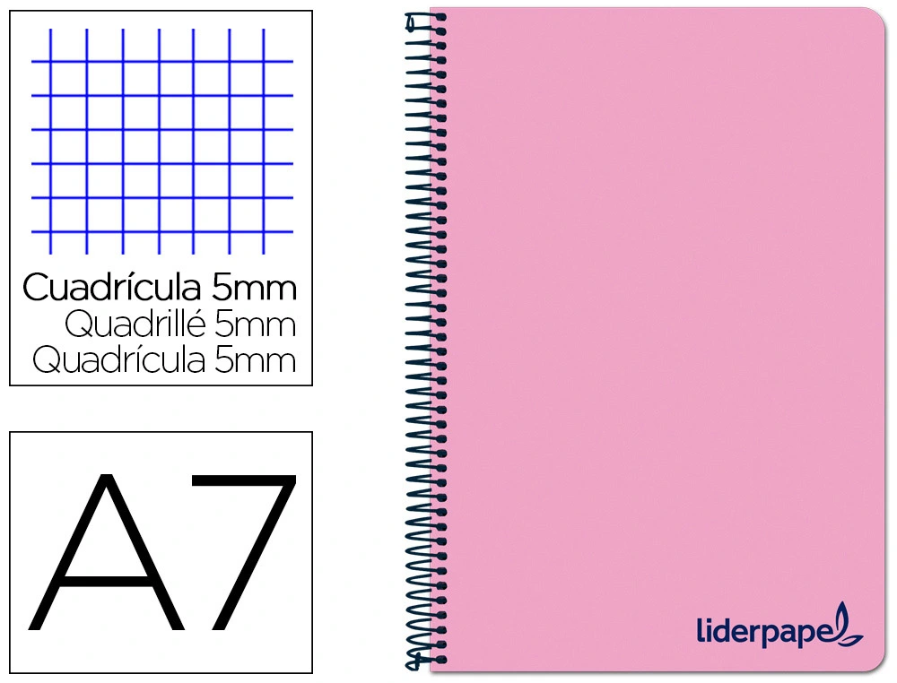 [8921] Cuaderno espiral liderpapel a7 micro wonder tapa plastico 100h 90gr cuadro 5mm 4 bandas color rosa