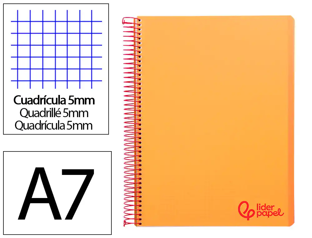 [8920] Cuaderno espiral liderpapel a7 micro wonder tapa plastico 100h 90gr cuadro 5mm 4 bandas color naranja