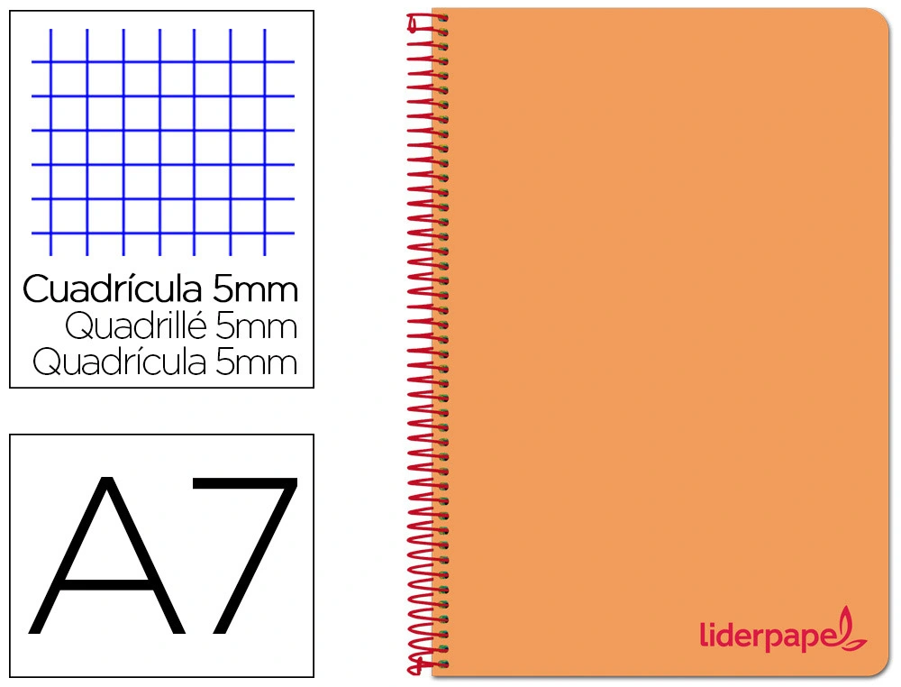 [8920] Cuaderno espiral liderpapel a7 micro wonder tapa plastico 100h 90gr cuadro 5mm 4 bandas color naranja