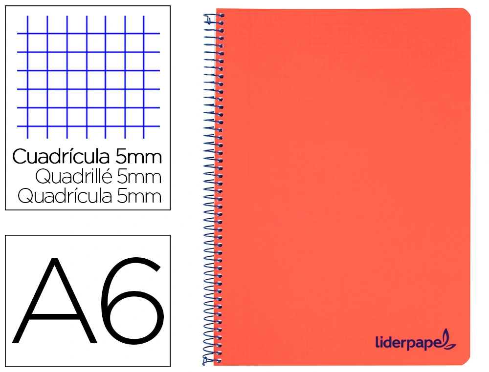 [8917] Cuaderno espiral liderpapel a6 micro wonder tapa plastico 120h 90 gr cuadro 5mm 4 bandas color rojo