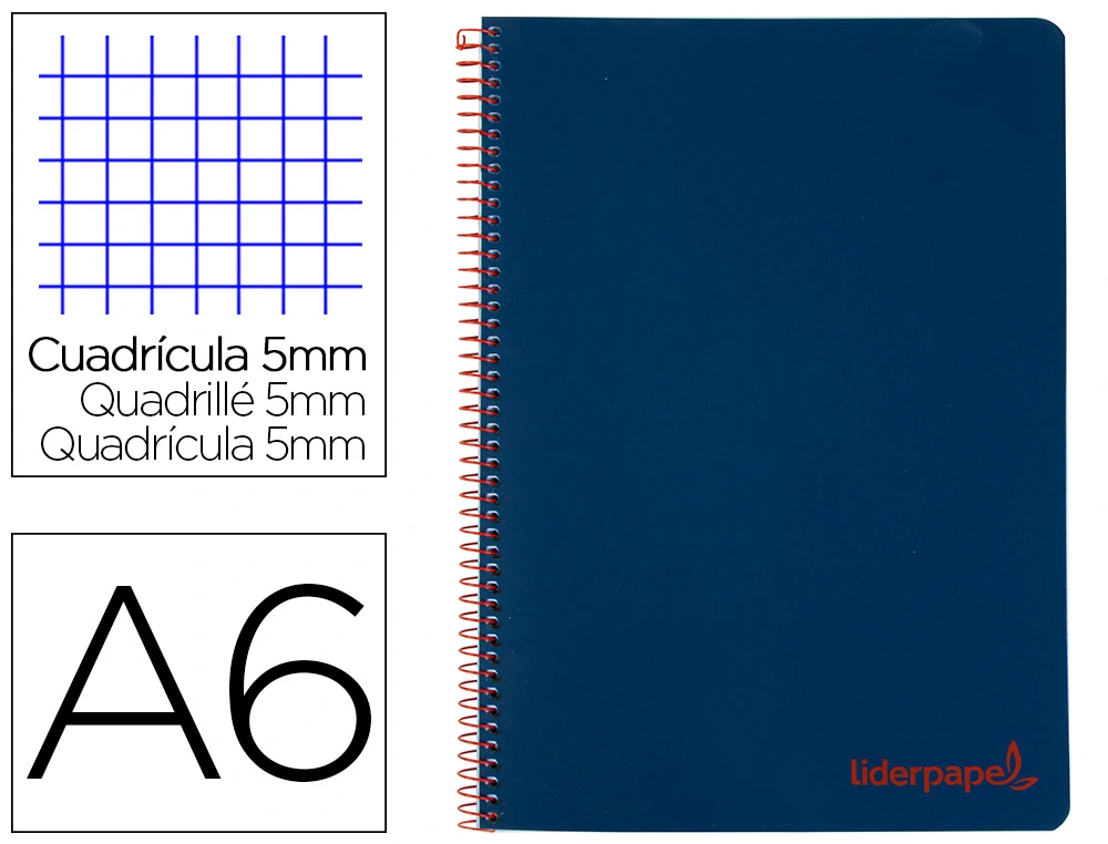 [8915] Cuaderno espiral liderpapel a6 micro wonder tapa plastico 120h 90 gr cuadro 5mm 4 bandas color azul marino