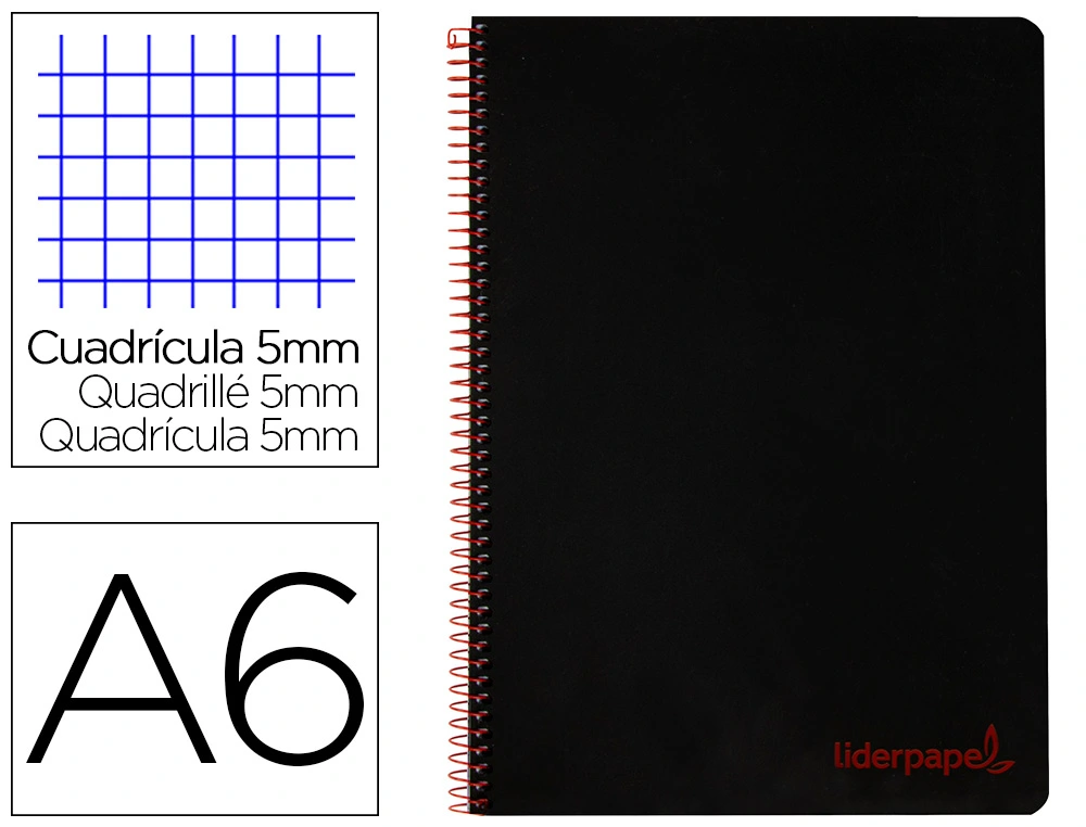 [8914] Cuaderno espiral liderpapel a6 micro wonder tapa plastico 120h 90 gr cuadro 5mm 4 bandas color negro