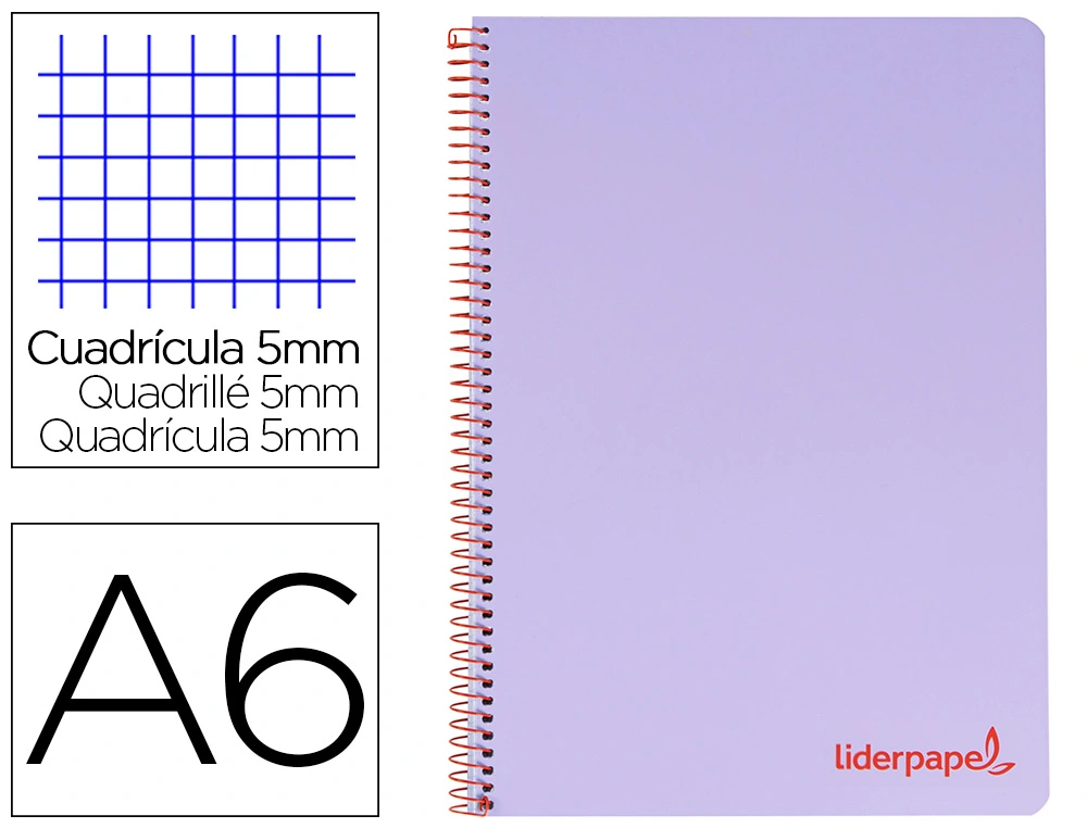 [8913] Cuaderno espiral liderpapel a6 micro wonder tapa plastico 120h 90 gr cuadro 5mm 4 bandas color violeta