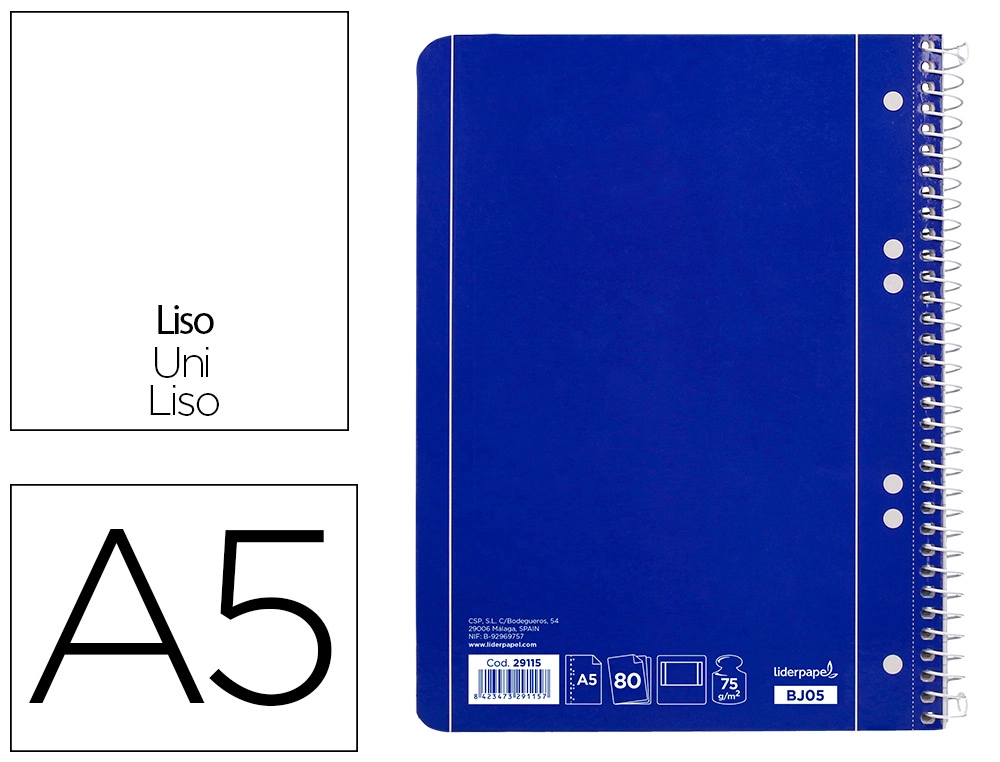 [29115] Cuaderno espiral liderpapel a5 micro serie azul tapa blanda 80h 75gr liso 6 taladros azul