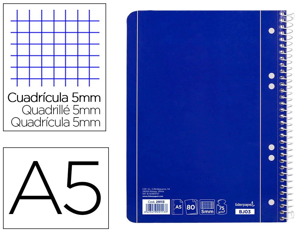 [29113] Cuaderno espiral liderpapel a5 micro serie azul tapa blanda 80h 75 gr cuadro5mm 6 taladros azul