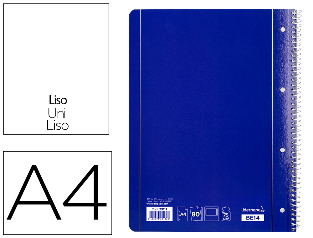 [29112] Cuaderno espiral liderpapel a4 micro serie azul tapa blanda 80h 75 gr liso con margen 4 taladros azul