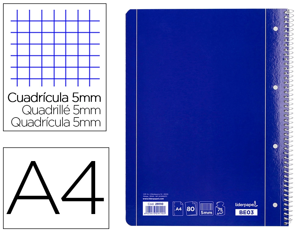 [29110] Cuaderno espiral liderpapel a4 micro serie azul tapa blanda 80h 75gr cuadro 5mm con mar gen 4 taladros azul