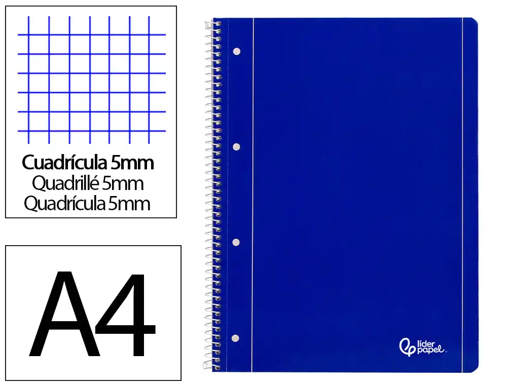 [29110] Cuaderno espiral liderpapel a4 micro serie azul tapa blanda 80h 75gr cuadro 5mm con mar gen 4 taladros azul