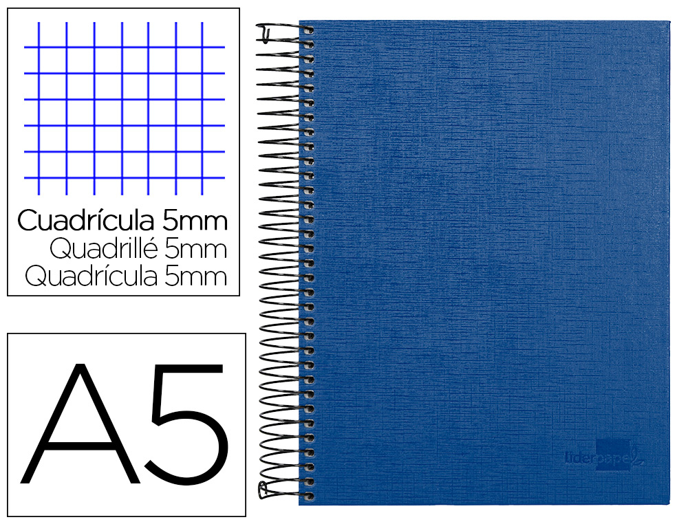 [25323] Cuaderno espiral liderpapel a5 micro papercoat tapa forrada 140h 75 gr cuadro5mm 5 bandas 6 taladros azul