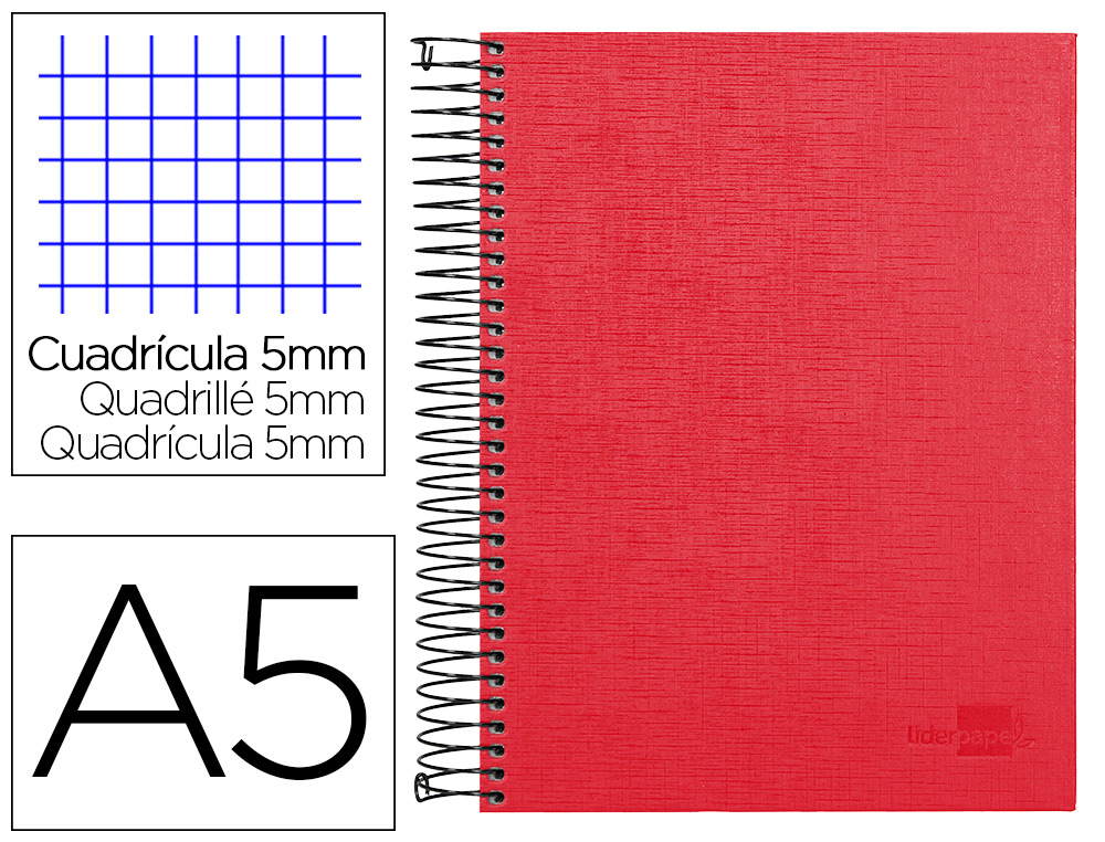 [25322] Cuaderno espiral liderpapel a5 micro papercoat tapa forrada 140h 75 gr cuadro5mm 5 bandas 6 taladros rojo