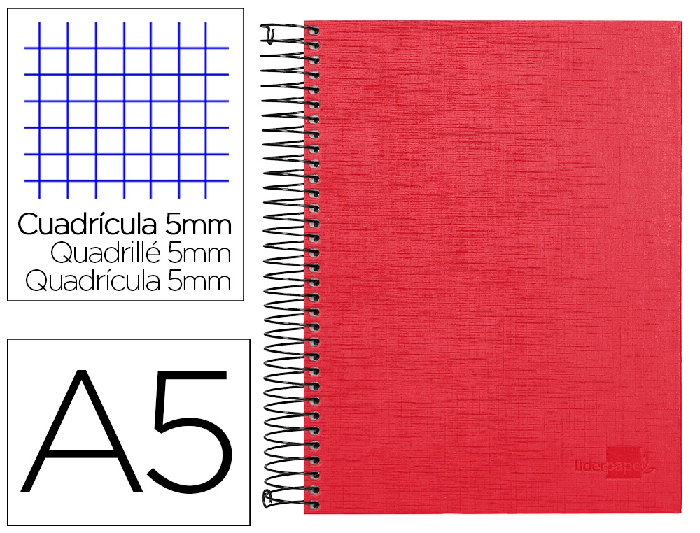 Cuaderno espiral liderpapel a5 micro papercoat tapa forrada 140h 75gr cuadro5mm 5 banda s 6 taladros rojo
