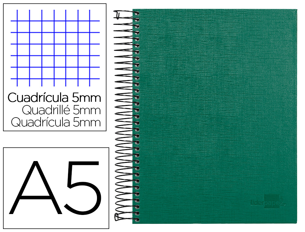 [25321] Cuaderno espiral liderpapel a5 micro papercoat tapa forrada 140h 75 gr cuadro5mm 5 bandas 6 taladros verde