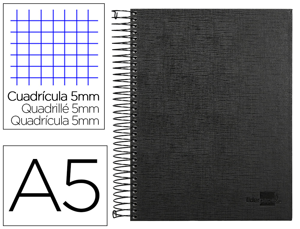 [25320] Cuaderno espiral liderpapel a5 micro papercoat tapa forrada 140h 75 gr cuadro5mm 5 bandas 6 taladros negro