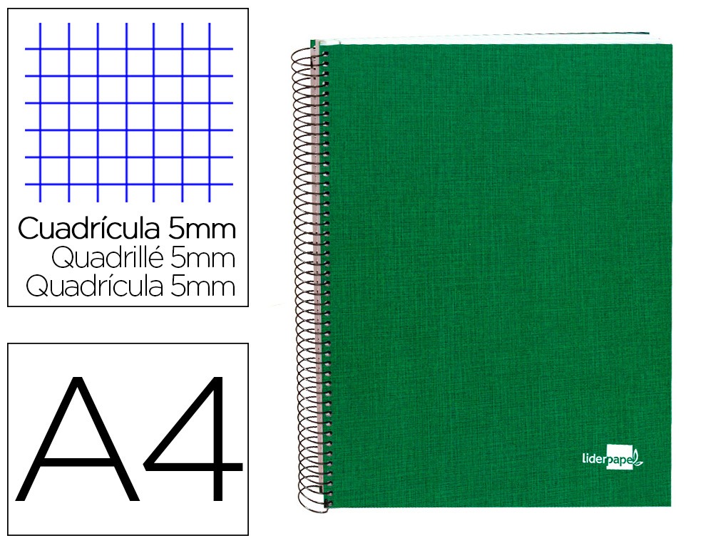 [25314] Cuaderno espiral liderpapel a4 micro papercoat tapa forrada 140h 75 gr cuadro5mm 5 bandas 4 taladros verde