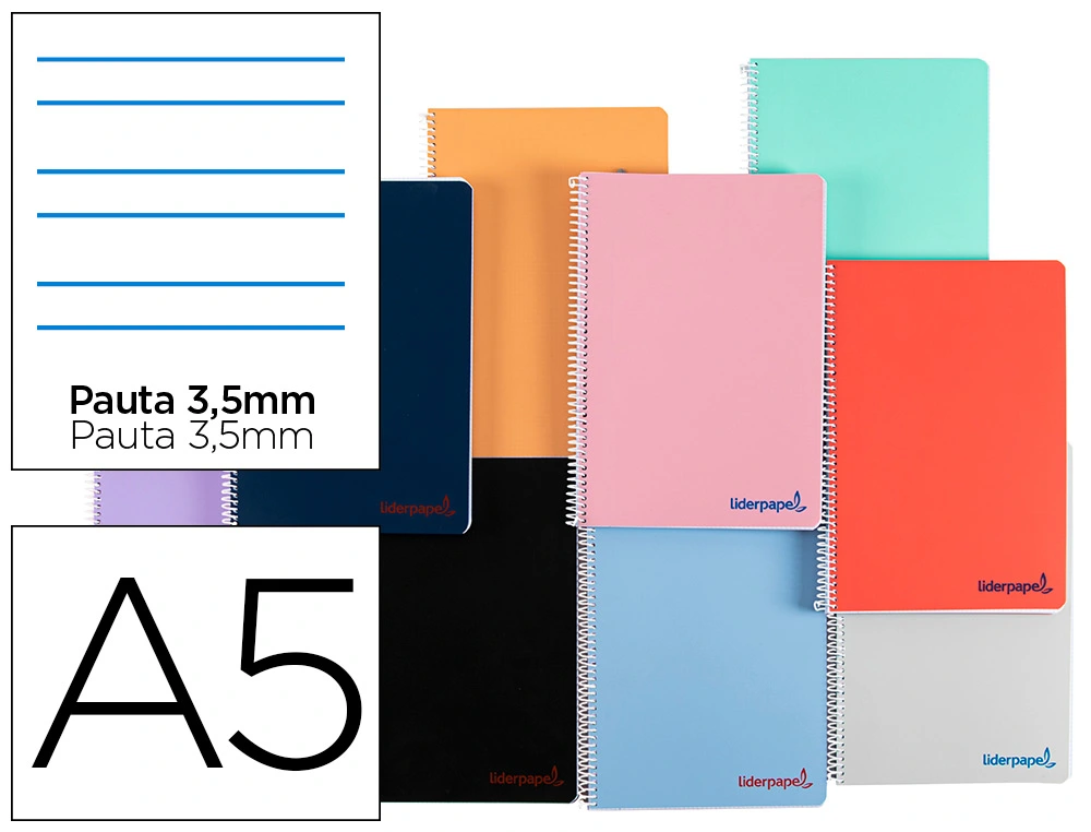 [11434] Cuaderno espiral liderpapel a5 wonder tapa plastico 80h 90g pauta 3,5mm con margen colores surtidos
