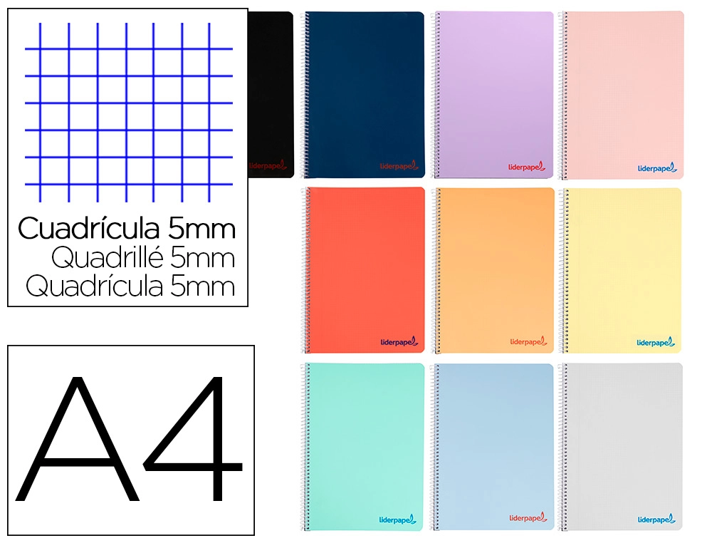 [163515] Cuaderno espiral liderpapel a4 wonder tapa plastico 80h 90gr cuadro 5mm con margen colores surtidos