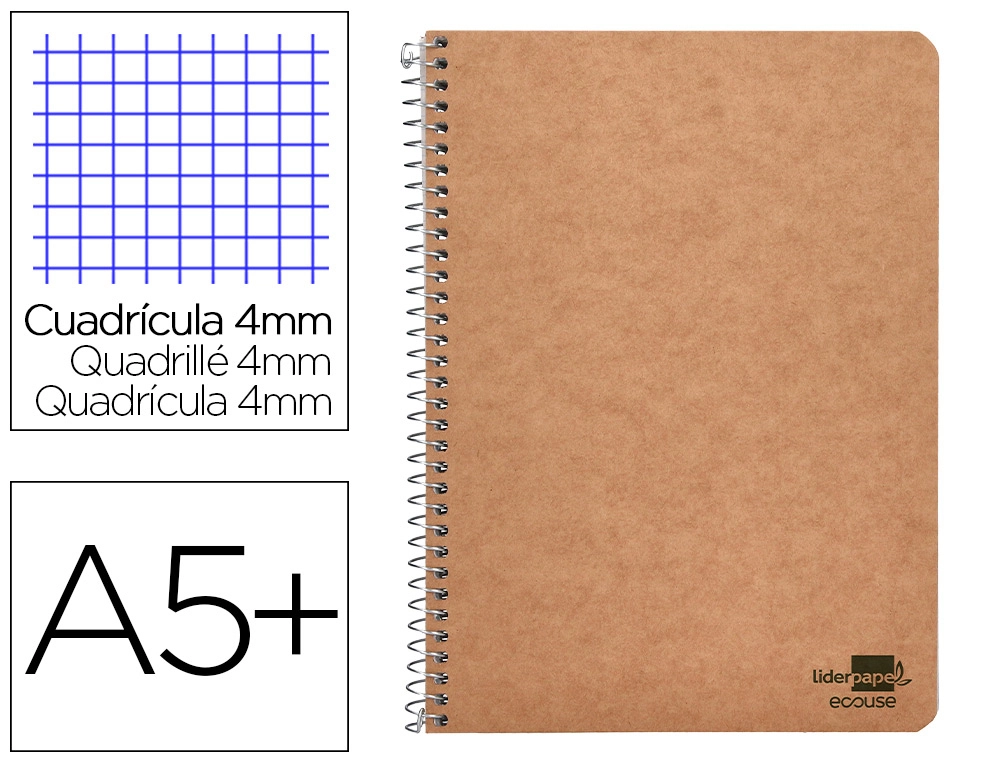 [91067] Cuaderno espiral liderpapel a5 ecouse tapa cartulina kraft 80h papel reciclado 80gr cuadro 4mm