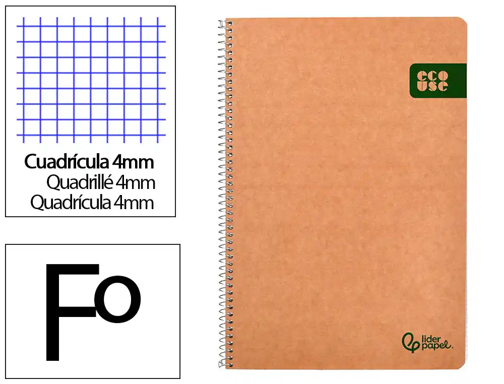 Cuaderno espiral liderpapel a4 ecouse tapa cartulina kraft 80h papel reciclado 80gr cuadro 4mm con margen