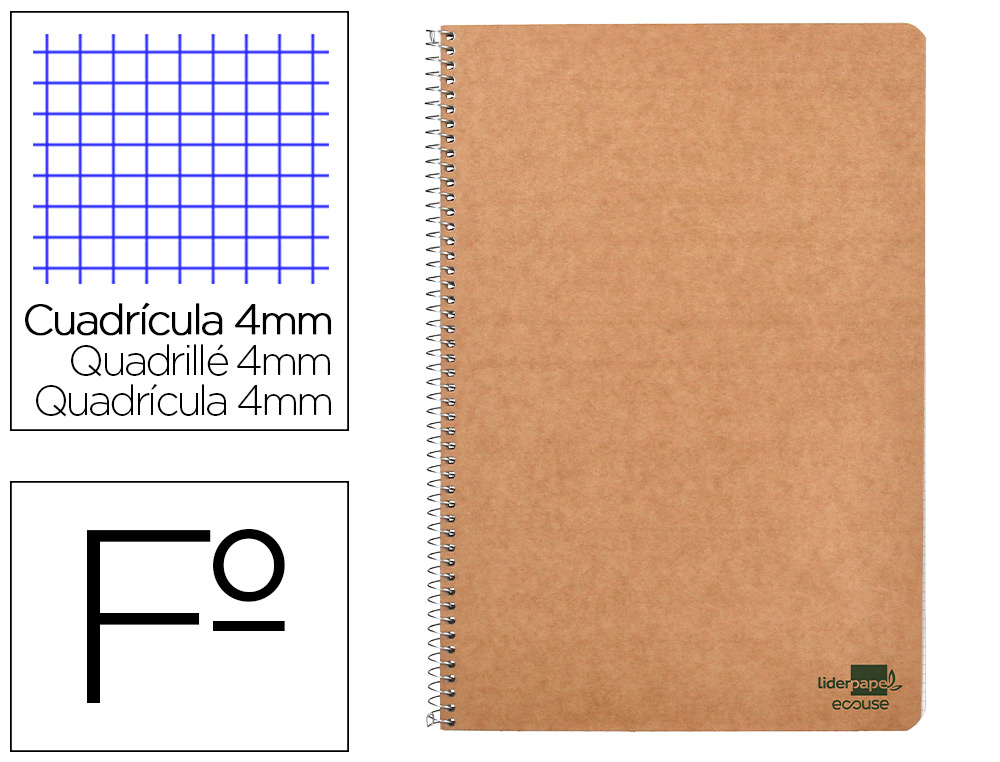 [91051] Cuaderno espiral liderpapel din a4 ecouse tapa cartulina kraft 80h papel reciclado 80 gr cuadro 4mm con margen