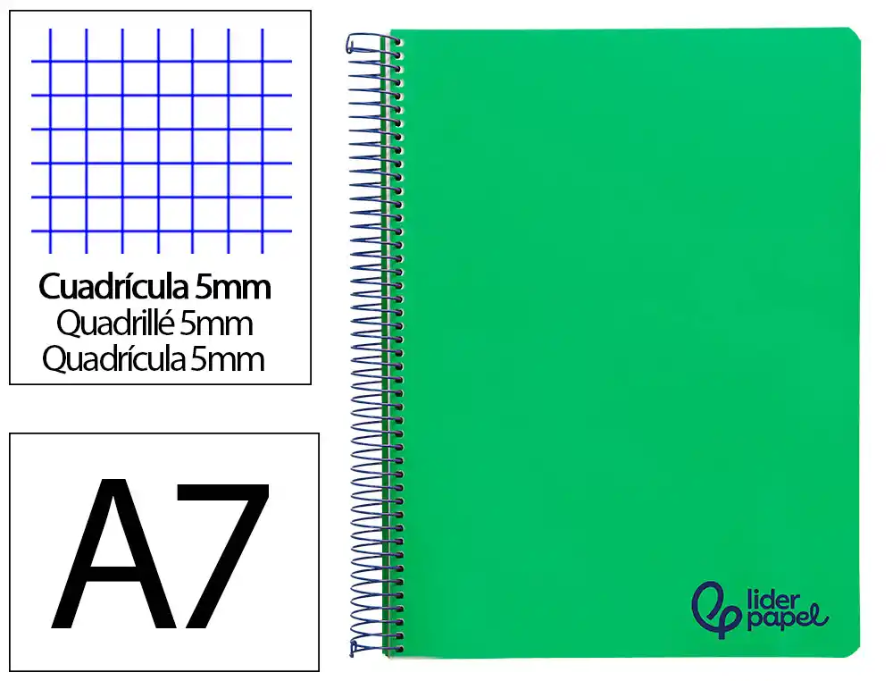 [172840] Cuaderno espiral liderpapel a7 micro wonder tapa plastico 100h 90gr cuadro 5mm 4 bandas color verde oscuro
