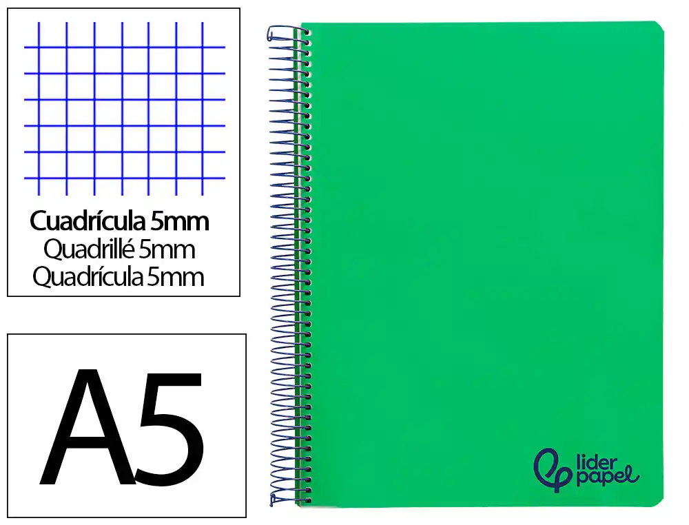 [172838] Cuaderno espiral liderpapel a5 micro wonder tapa plastico 120h 90gr cuadro 5mm 5 bandas 6 taladros color verde oscuro