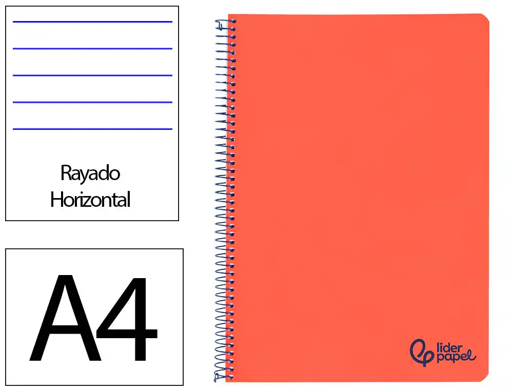 [172653] Cuaderno espiral liderpapel a4 wonder tapa plastico 80h 90gr rayado horizontal con margen color rojo
