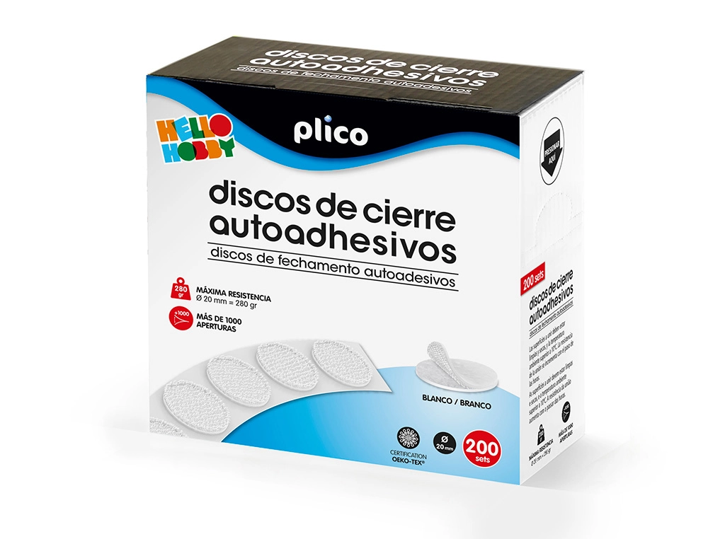 [165313] Disco de cierre plico velcro autoadhesivo 20 mm diametro color blanco caja de 200 unidades