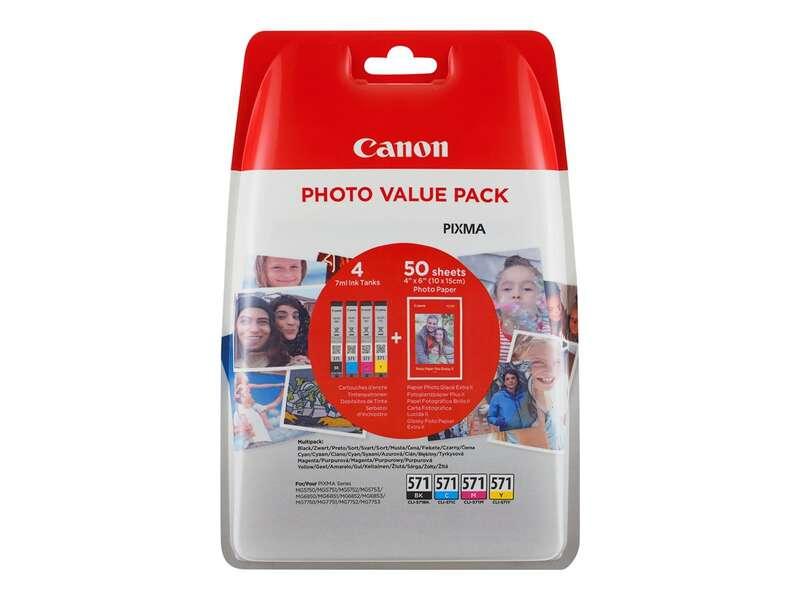 [0386C006] Canon CLI571 Pack de 4 Cartuchos de Tinta Originales - 50 Hojas de Papel Fotografico - 0386C006 (4x 7 ml)